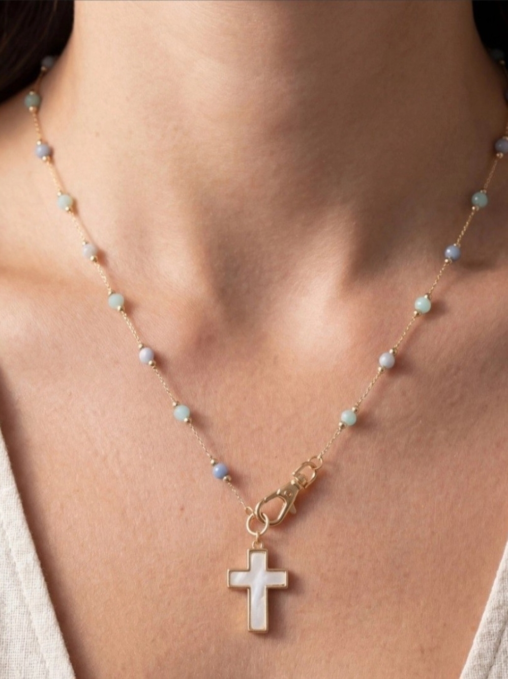 Gold Cross Necklace with Pastel Bead Chain